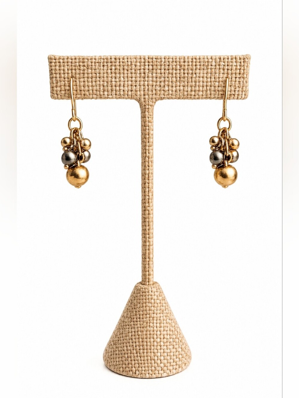 Gold & Black Bead Cluster Drop Earrings, NWOT